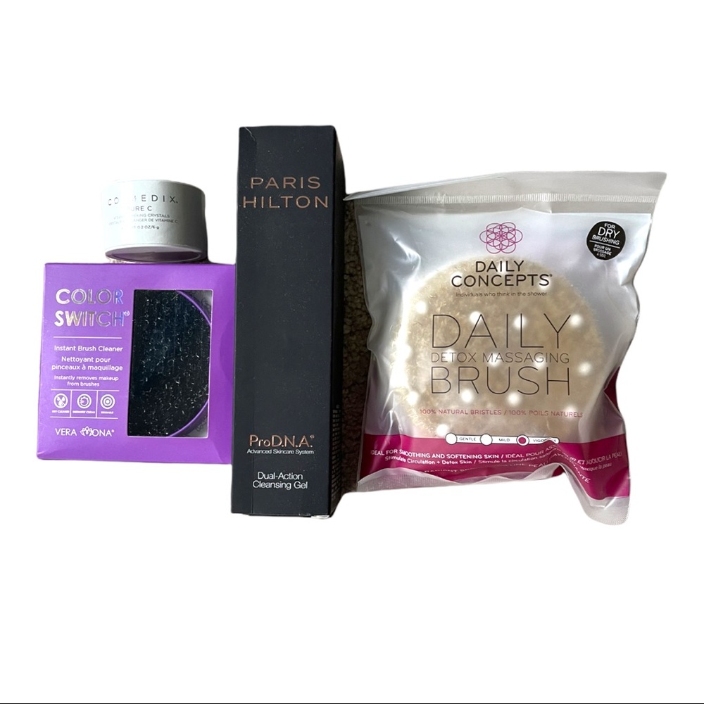 Skincare Bundle: cleanser, body brush, vitamin C crystals, makeup brush cleaner